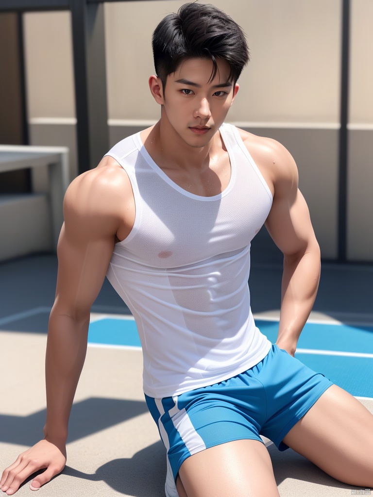  (masterpiece, bright colors, handsome, Asian, open eyes:1.2),handsome,muscular,1male, tight white **** top, sweating, kneeling, Asian, handsome, Sharp muscular lines, big dick under shorts, tight shorts, looking at viewer, delicate and pretty, drip with sweat