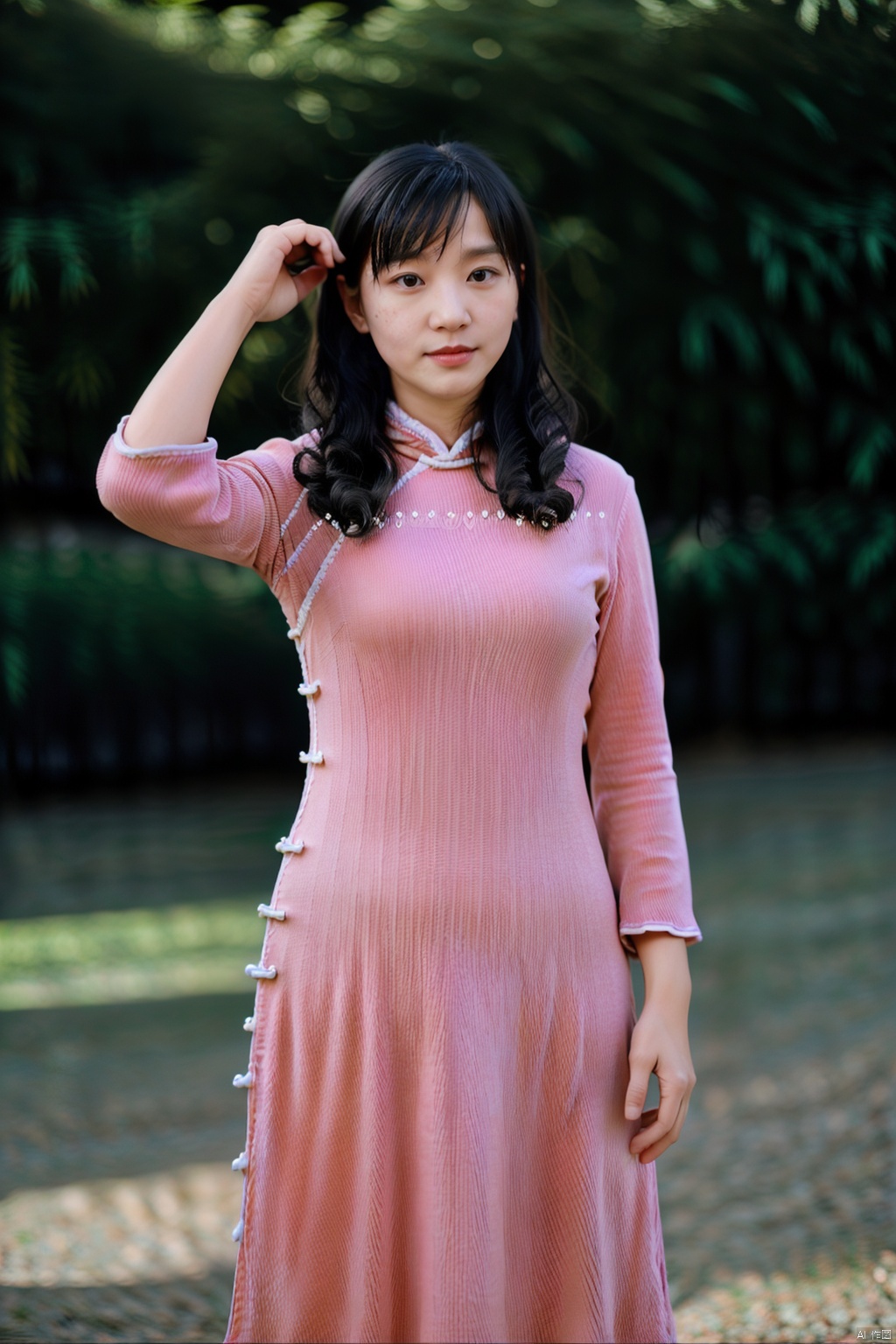 (global illumination, reality,ray tracing, HDR, unreal rendering, reasonable design, high detail, masterpiece,best quality, ultra high definition, movie lighting),
1girl,outdoor,looking_at_viewer,side_blunt_bangs,china_dress,chinese_style,big breasts,pose,solo,1girl,black hair,black eyes, , qipao