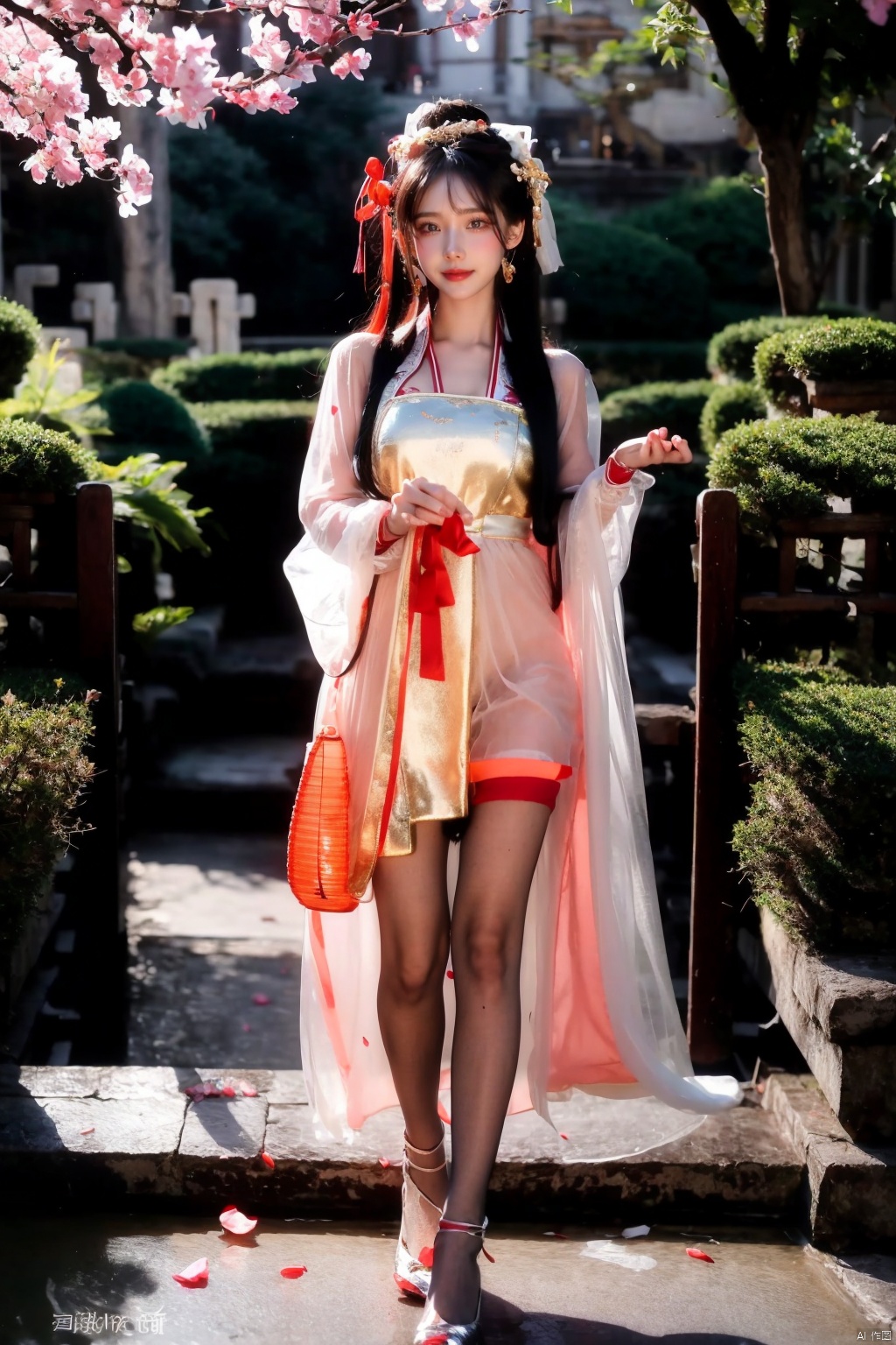  1girl, photorealistic, masterpiece, best quality, dark shot, (photo of portrait:1.2), solo, smile, looking at viewer, long black hair, Full-body photos,（wearing a red Chinese wedding dress：1.4）, （an ancient bride adorned with gold hairpins and silver jewelry）, an extremely delicate and beautiful,real person, fair skin,((Slender and perfect long legs)), (Perfect hands：1.4), plentiful,breasts, (see-through:1.4) ,(blackpantyhose:1.2), (Suzhou Garden:1.3), (cherry blossom trees:1.1), petals, falling petals, petals,falling petals, Lantern, Realistic Scene, Canon D50 Shooting, scarlet