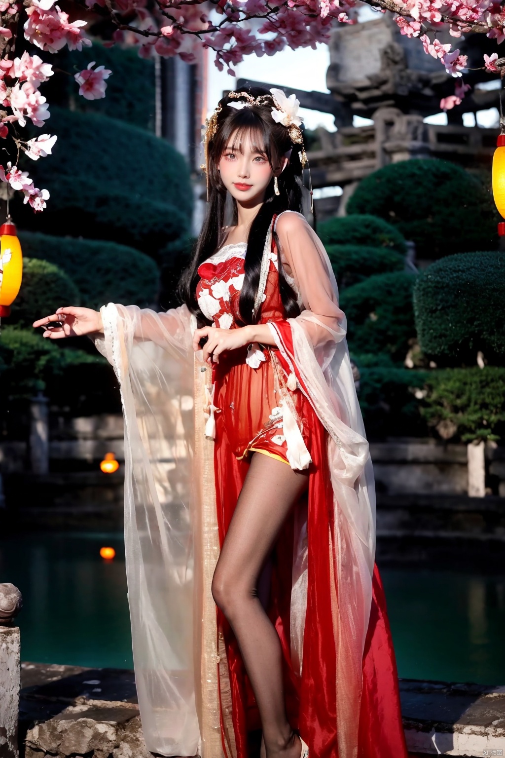  1girl, photorealistic, masterpiece, best quality, dark shot, (photo of portrait:1.2), solo, smile, looking at viewer, long black hair, Full-body photos,（wearing a red Chinese wedding dress：1.4）, （an ancient bride adorned with gold hairpins and silver jewelry）, an extremely delicate and beautiful, real person,  fair skin, ((Slender and perfect long legs)), (Perfect hands：1.8), plentiful,breasts, (see-through:1.6) ,(blackpantyhose:1.2), (Suzhou Garden:1.3), (cherry blossom trees:1.1), petals, falling petals, petals,falling petals, Lantern, Realistic Scene, Canon D50 Shooting, scarlet