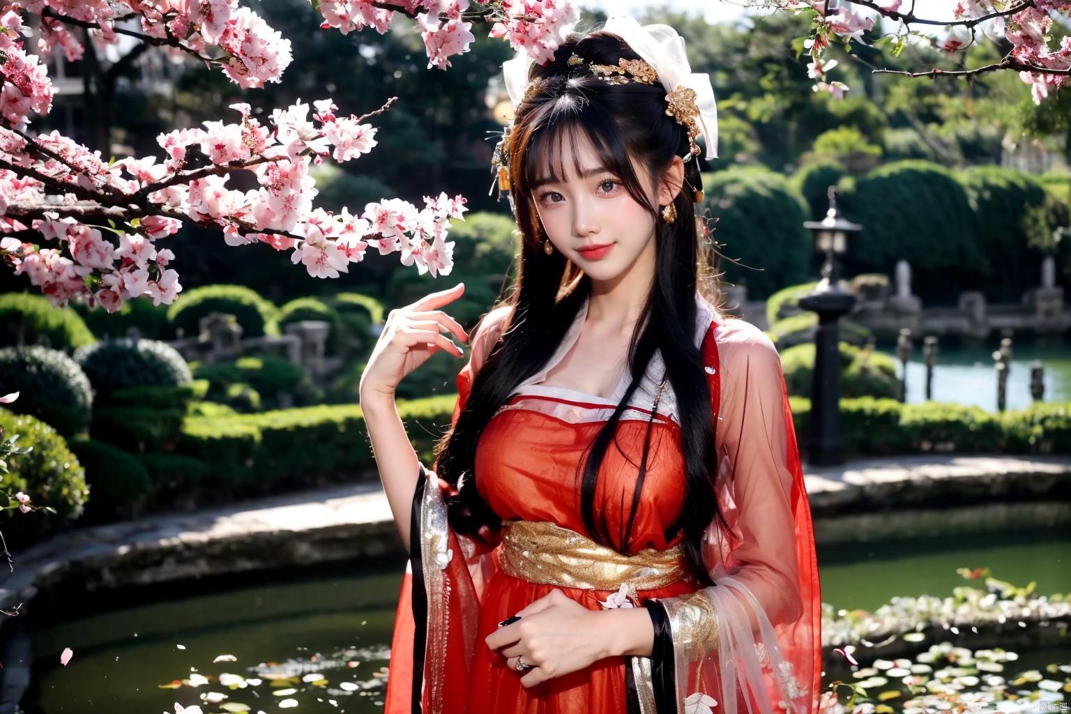  1girl, photorealistic, masterpiece, best quality, dark shot, (photo of portrait:1.2), solo, smile, looking at viewer, long black hair, Full-body photos,（wearing a red Chinese wedding dress：1.4）, （an ancient bride adorned with gold hairpins and silver jewelry）, an extremely delicate and beautiful, real person,  fair skin, ((Slender and perfect long legs)), (Perfect hands：1.8), plentiful,breasts, (see-through:1.6) ,(blackpantyhose:1.2), (Suzhou Garden:1.3), (cherry blossom trees:1.1), petals, falling petals, petals,falling petals, Lantern, Realistic Scene, Canon D50 Shooting, scarlet