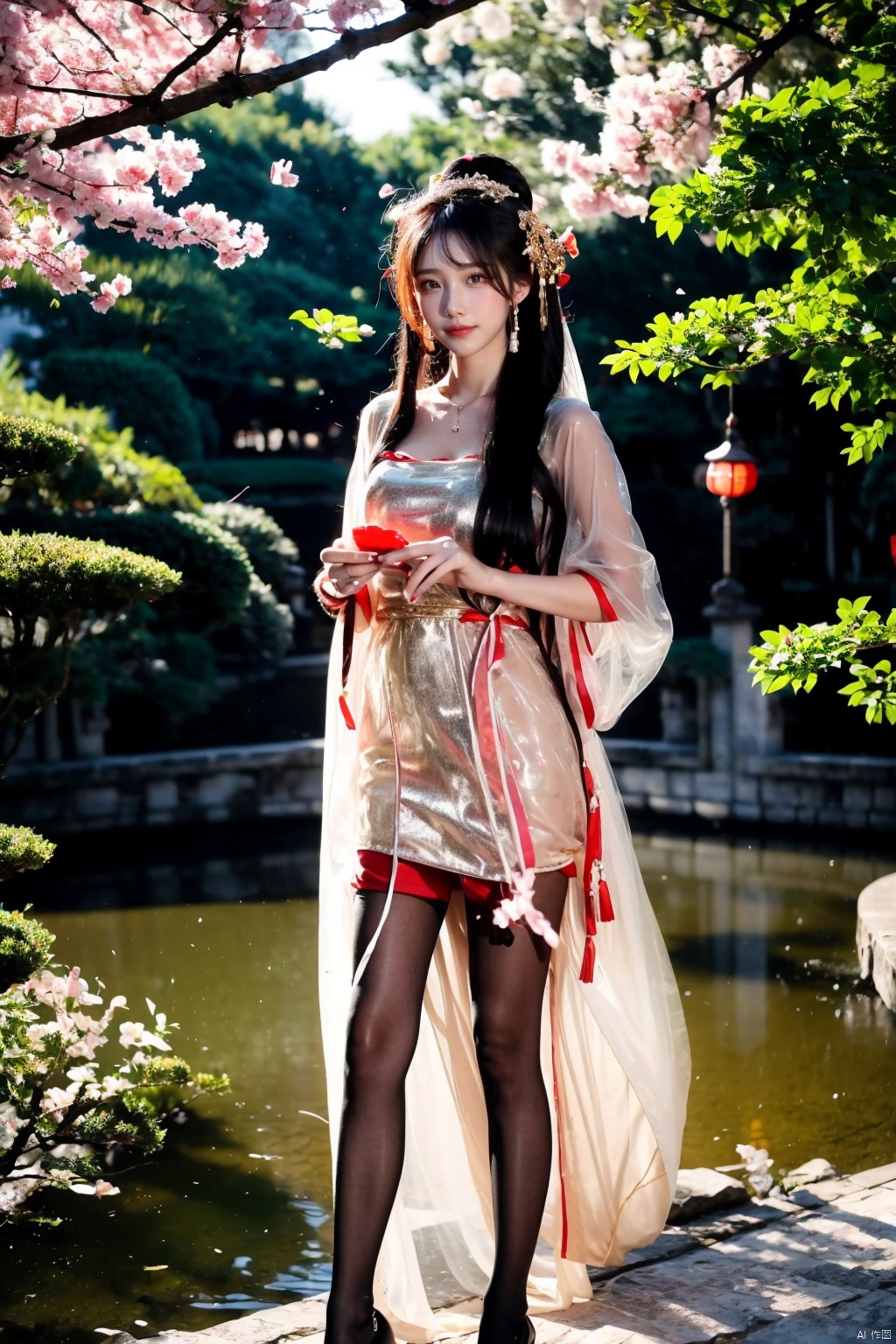  1girl, photorealistic, masterpiece, best quality, dark shot, (photo of portrait:1.2), solo, smile, looking at viewer, long black hair, Full-body photos,（wearing a red Chinese wedding dress：1.4）, （an ancient bride adorned with gold hairpins and silver jewelry）, an extremely delicate and beautiful, real person,  fair skin, ((Slender and perfect long legs)), (Perfect hands：1.8), plentiful,breasts, (see-through:1.6) ,(blackpantyhose:1.2), (Suzhou Garden:1.3), (cherry blossom trees:1.1), petals, falling petals, petals,falling petals, Lantern, Realistic Scene, Canon D50 Shooting, scarlet