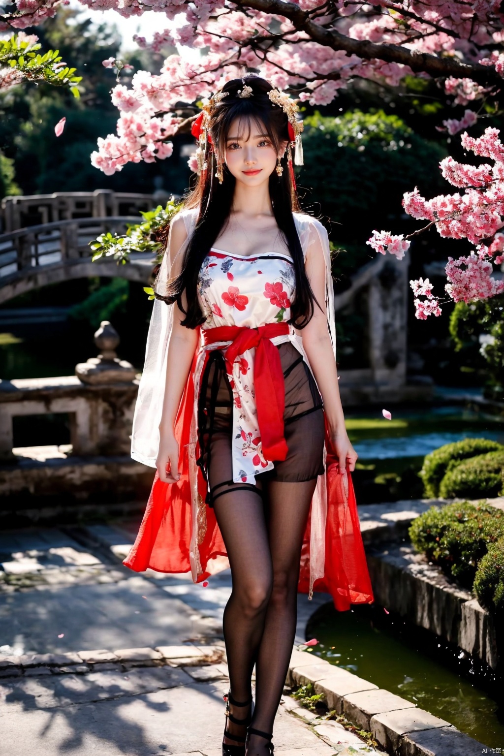  1girl, photorealistic, masterpiece, best quality, dark shot, (photo of portrait:1.2), solo, smile, looking at viewer, long black hair, Full-body photos,（wearing a red Chinese wedding dress：1.4）, （an ancient bride adorned with gold hairpins and silver jewelry）, an extremely delicate and beautiful, real person,  fair skin, ((Slender and perfect long legs)), (Perfect hands：1.8), plentiful,breasts, (see-through:1.2) ,(blackpantyhose:1.2), (Suzhou Garden:1.3), (cherry blossom trees:1.1), petals, falling petals, petals,falling petals, Lantern, Realistic Scene, Canon D50 Shooting, scarlet