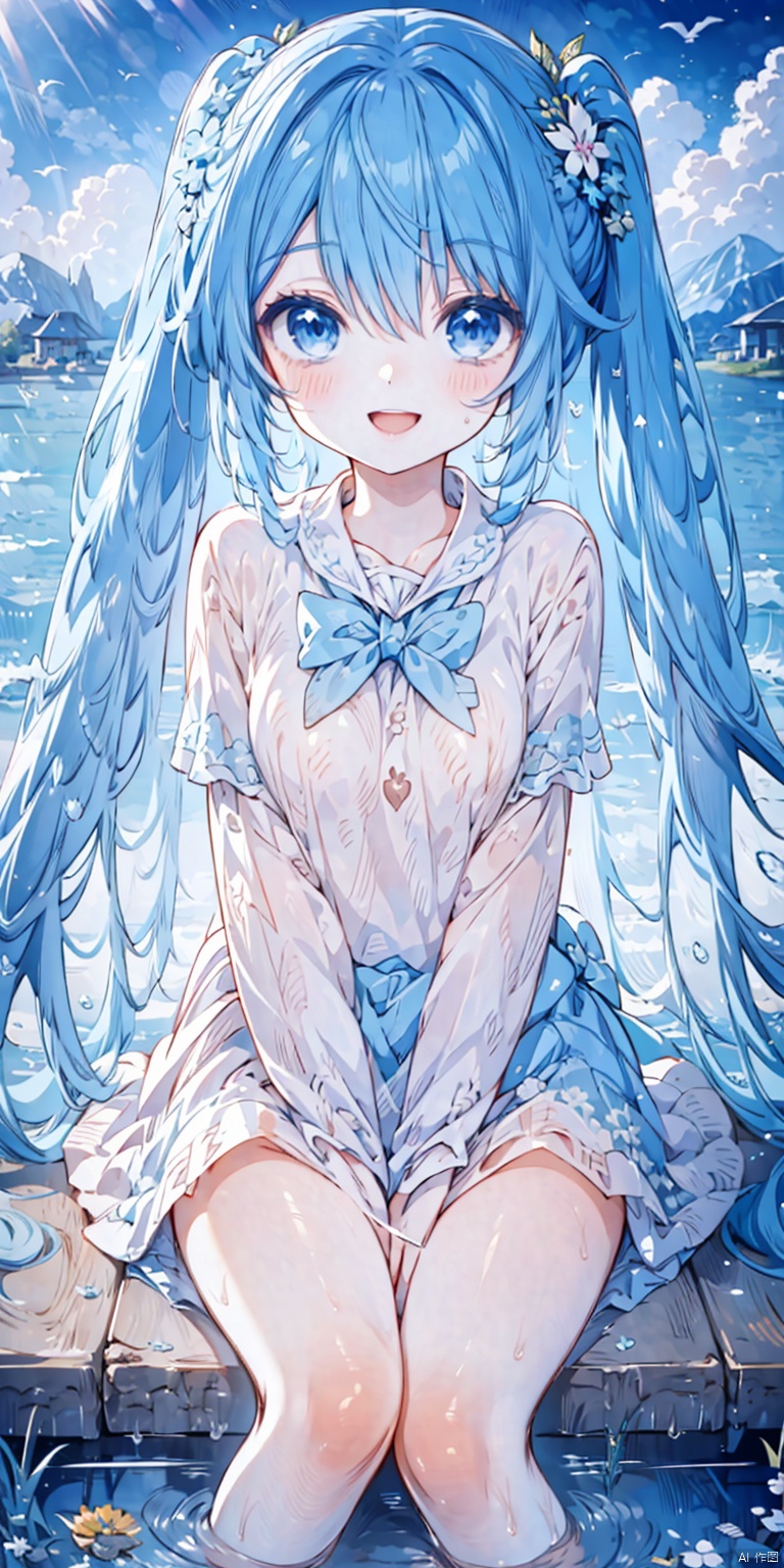  1girl, solo, long hair, smile, open mouth,, bow, twintails, sitting, very long hair, blue hair, sky, cloud,water, blue skirt, bird, blue bow, blue theme, ,areolae,big breasts,breasts,pink nipples,(nude:1.2),,heterosexuality,sex,shining eyes, skirt_lift, Anime, fantasy, magic