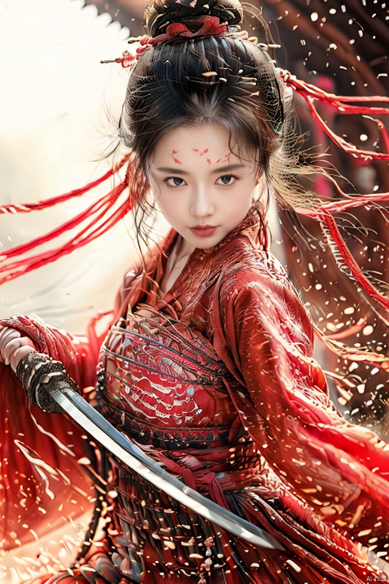 light smile, Surrealism, high detail, cinematic lighting, drop shadow, panorama, Sony FE GM, highres, 8k, best quality, super detail, ccurate, masterpiece,(big breasta:1.8),xiashi, 1girl, weapon, sword, solo, looking at viewer, holding, black hair, armor, katana, brown eyes, hair bun, holding weapon, holding sword, hair ornament, sheath, single hair bun ((masterpiece, best quality)), (((masterpiece, best_quality, highest quality))), , liuyifei, wunv, smwuxia Chinese text blood weapon:sw,宋韵,国风古装, Hourglass body shape,breast,blood splatter motion blur,古装