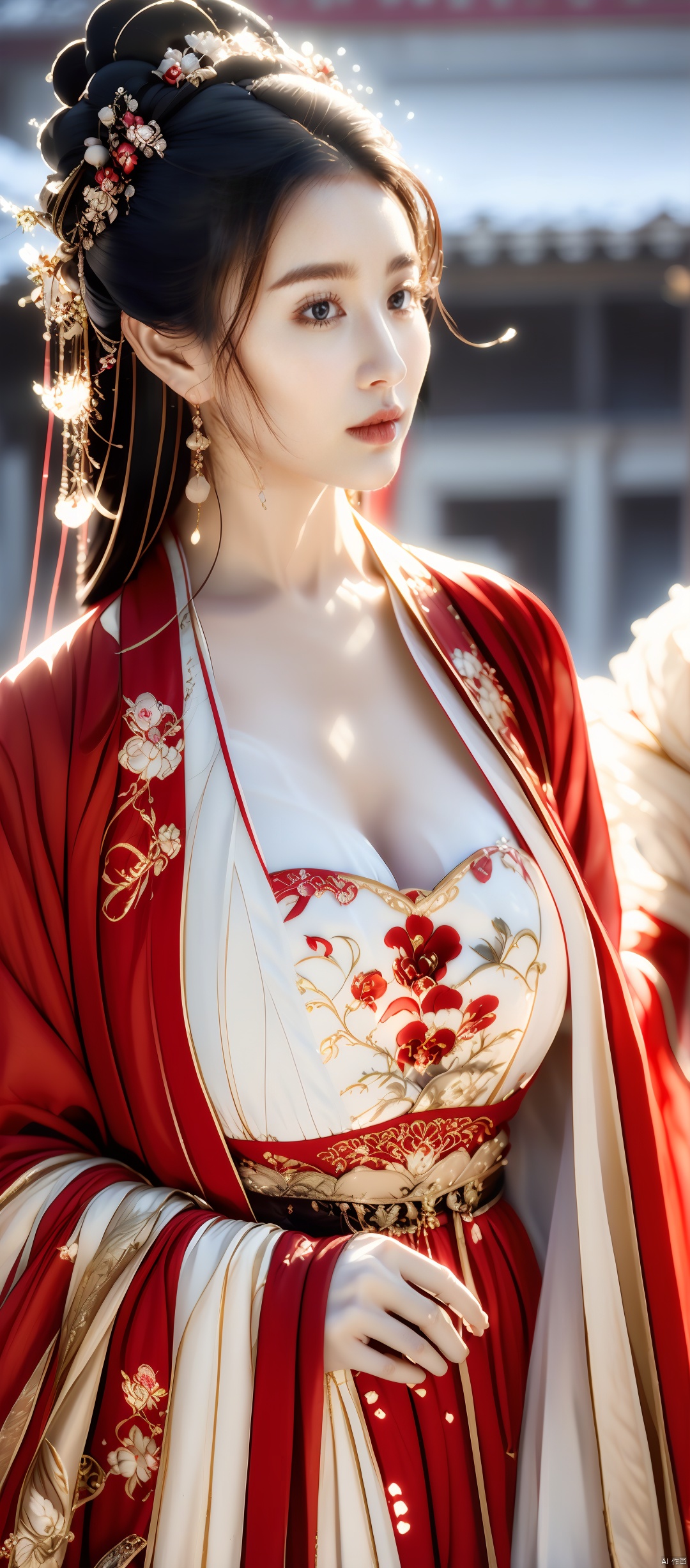 panorama, 1girl,solo,black hair,hair ornament,long sleeves,floor-length skirt,jewelry,closed mouth,standing,earrings,outdoor,Tang Dynasty courtesans,wide sleeves,narrative photography,hair bun,blurry,make-up,blurry background,floral print,snow,snowing,winter,updo. GuofengZ, highres, 8k, best quality, super detail, accurate, masterpiece, (big breasta: 1.73), yue, hair ornament, hanfu.,国风古装, ((poakl)),