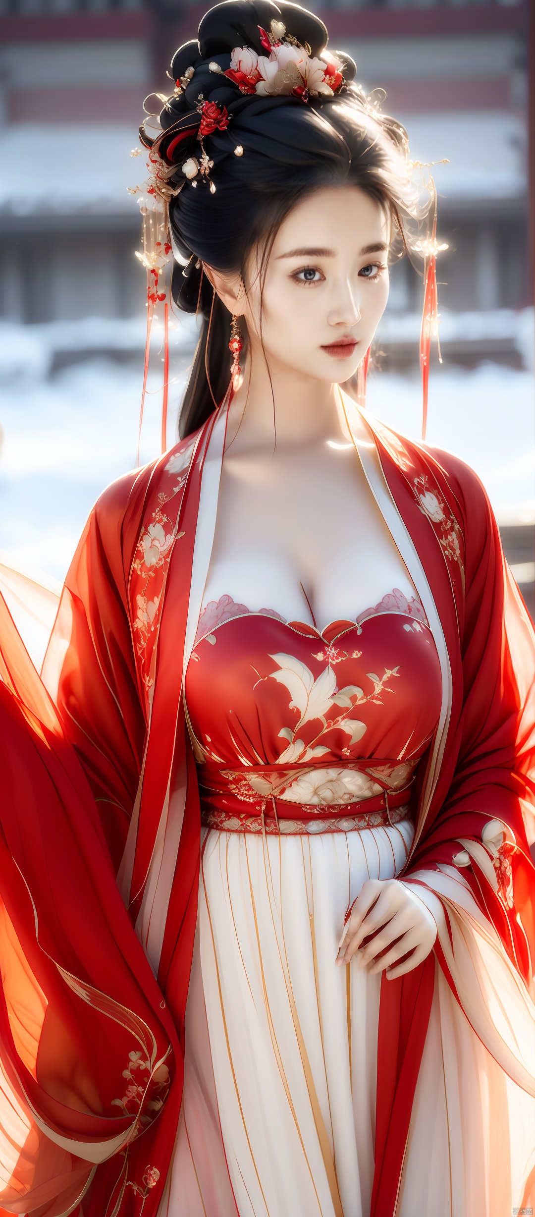 panorama, 1girl,solo,black hair,hair ornament,long sleeves,floor-length skirt,jewelry,closed mouth,standing,earrings,outdoor,Tang Dynasty courtesans,wide sleeves,narrative photography,hair bun,blurry,make-up,blurry background,floral print,snow,snowing,winter,updo. GuofengZ, highres, 8k, best quality, super detail, accurate, masterpiece, (big breasta: 1.73), yue, hair ornament, hanfu.,国风古装