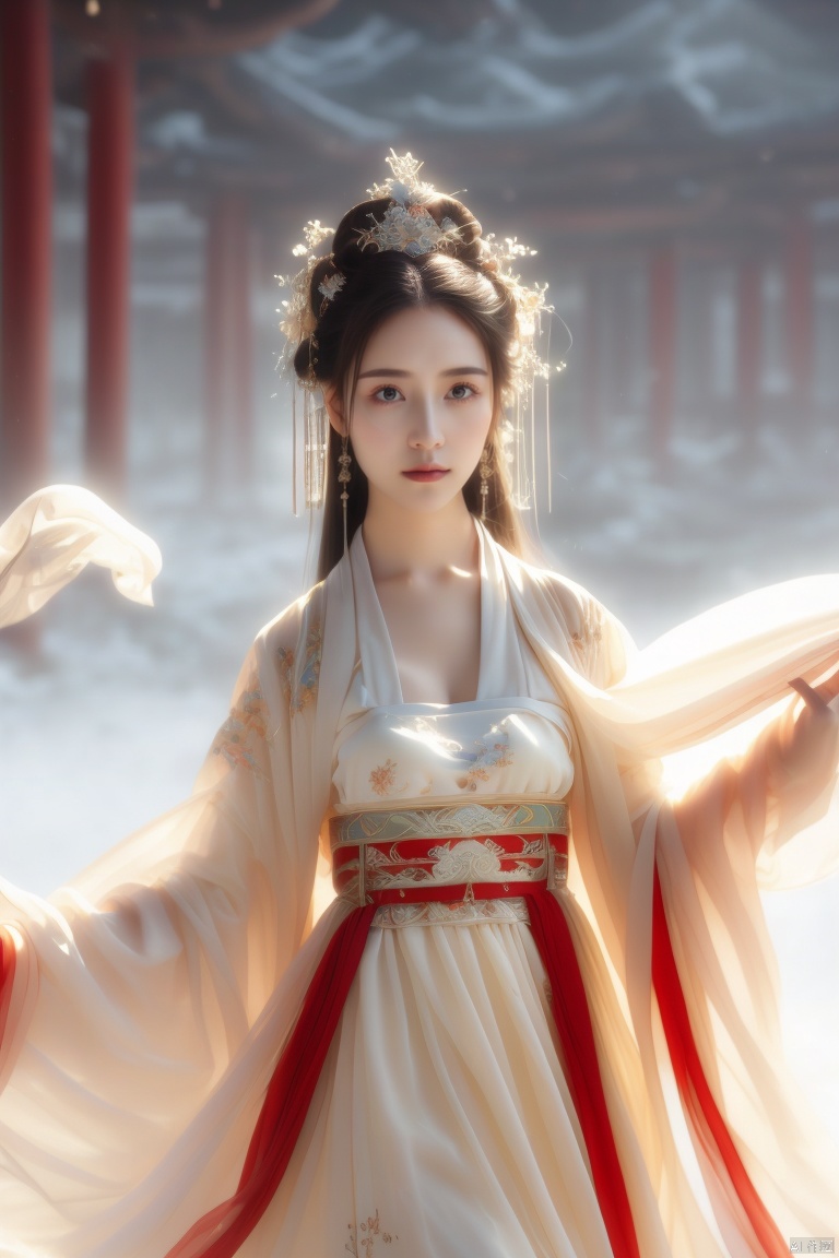  arien_hanfu,1girl,half,(Masterpiece:1.2), best quality, arien_hanfu, 1girl, (falling_snow:1.3), looking_at_viewer,(big breasts:1.63), hand101,宋韵, Purity Portait, Gauze Skirt,国风古装,古装, Ancient China_Indoor scenes
