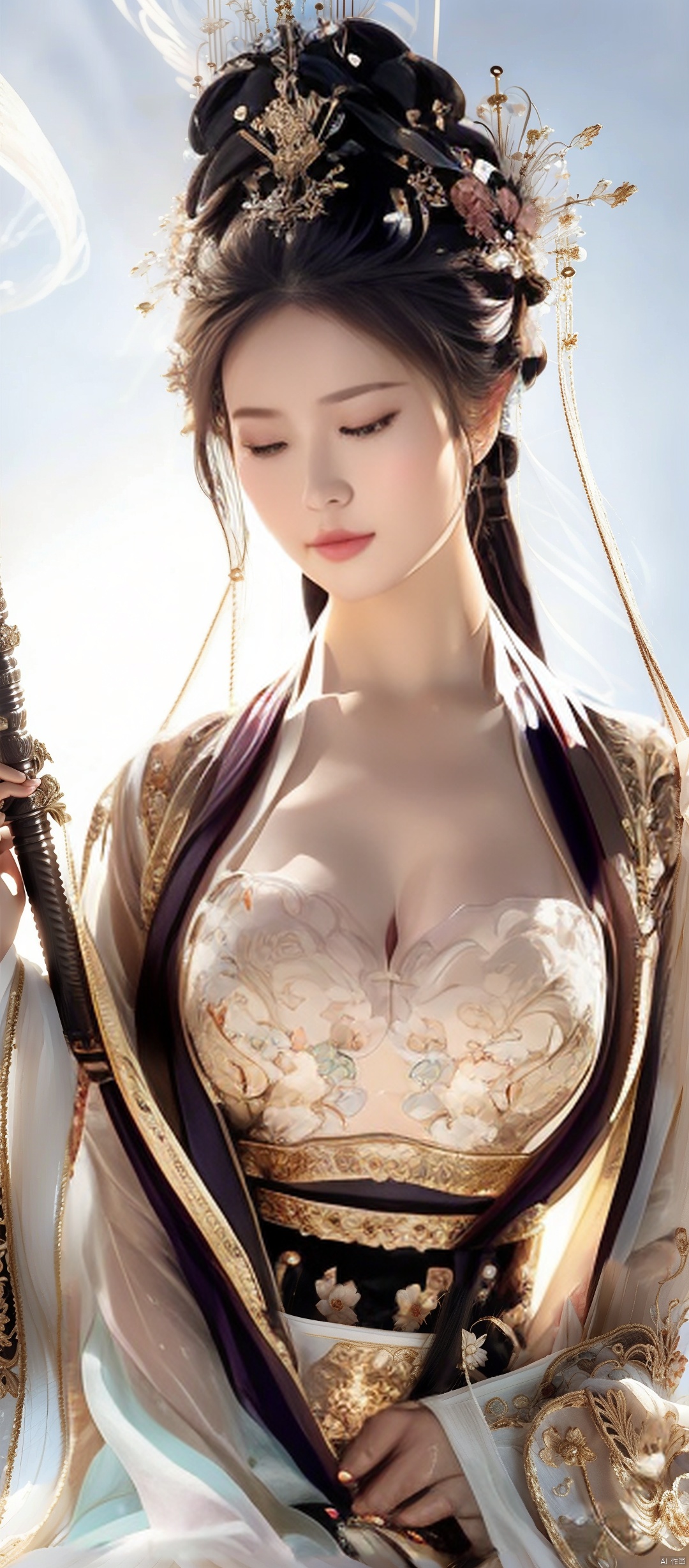  light smile, Surrealism, high detail, cinematic lighting, drop shadow, panorama, Sony FE GM, highres, 8k, best quality, super detail, ccurate, masterpiece,(big breasta:1.8),xiashi, 1girl, weapon, sword, solo, looking at viewer, holding, black hair, armor, katana, brown eyes, hair bun, holding weapon, holding sword, hair ornament, sheath, single hair bun ((masterpiece, best quality)), (((masterpiece, best_quality, highest quality))), , liuyifei, wunv, smwuxia Chinese textbloodweapon:sw,宋韵,国风古装, Hourglass bodyshape,古装