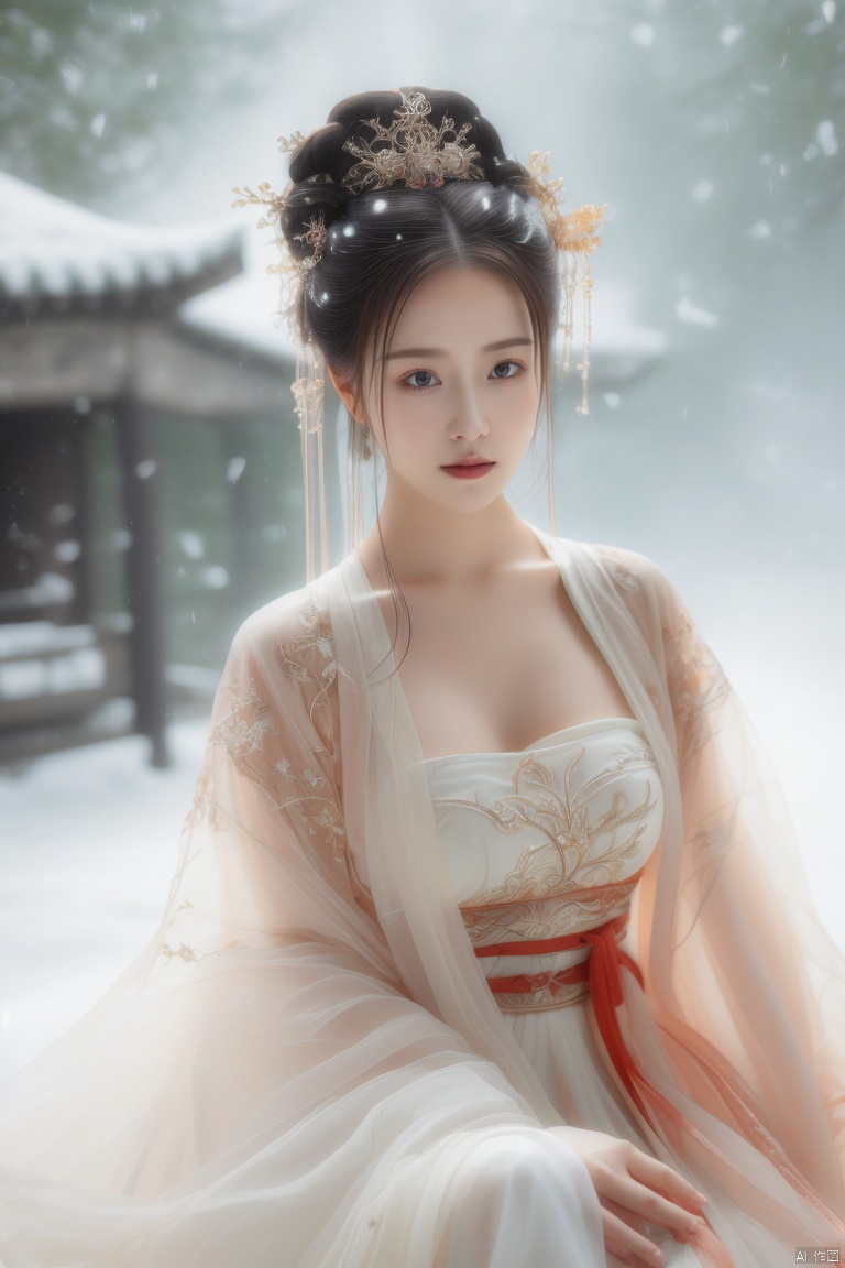  arien_hanfu,1girl,half,(Masterpiece:1.2), best quality, arien_hanfu, 1girl, (falling_snow:1.3), looking_at_viewer,(big breasts:1.63), hand101,宋韵, Purity Portait, Gauze Skirt,国风古装,古装