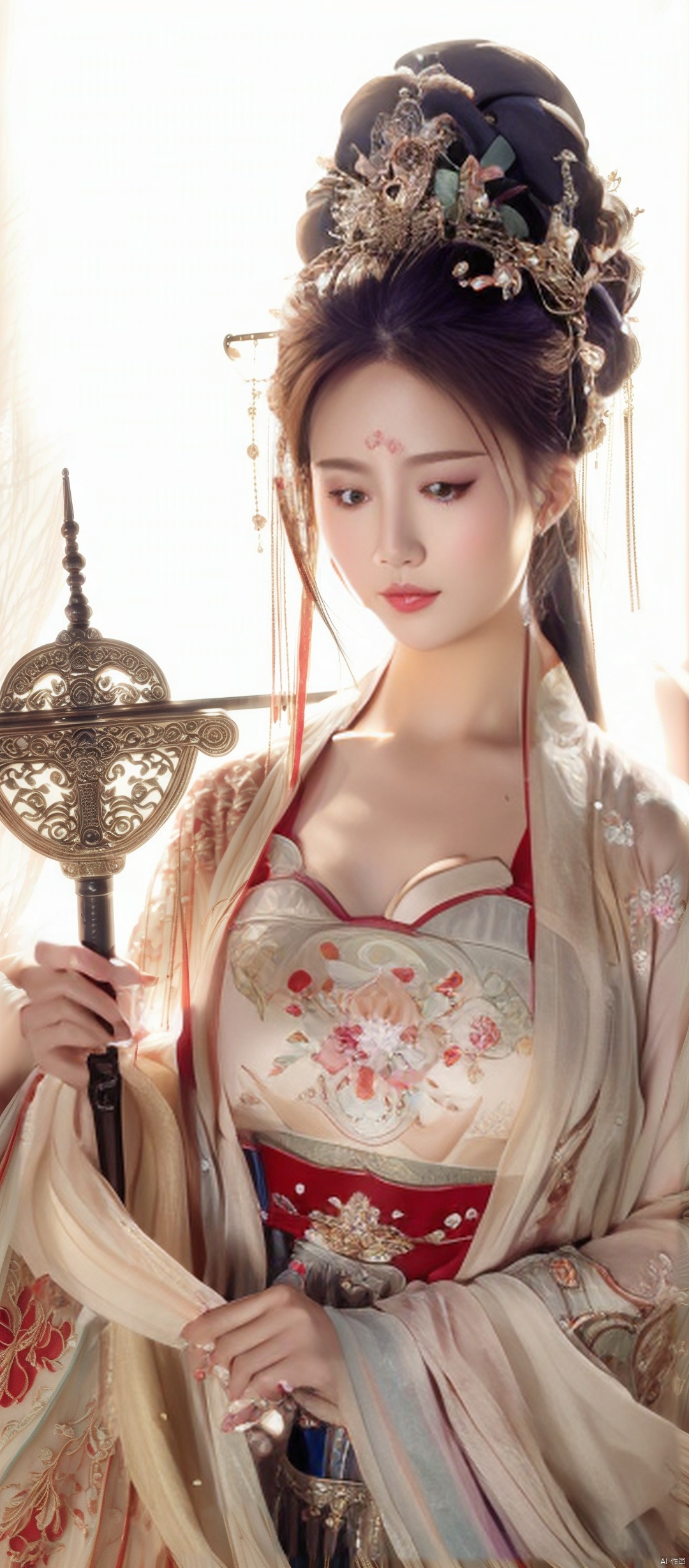  light smile, Surrealism, high detail, cinematic lighting, drop shadow, panorama, Sony FE GM, highres, 8k, best quality, super detail, ccurate, masterpiece,(big breasta:1.8),xiashi, 1girl, weapon, sword, solo, looking at viewer, holding, black hair, armor, katana, brown eyes, hair bun, holding weapon, holding sword, hair ornament, sheath, single hair bun ((masterpiece, best quality)), (((masterpiece, best_quality, highest quality))), , liuyifei, wunv, smwuxia Chinese textbloodweapon:sw,宋韵,国风古装, Hourglass bodyshape,古装