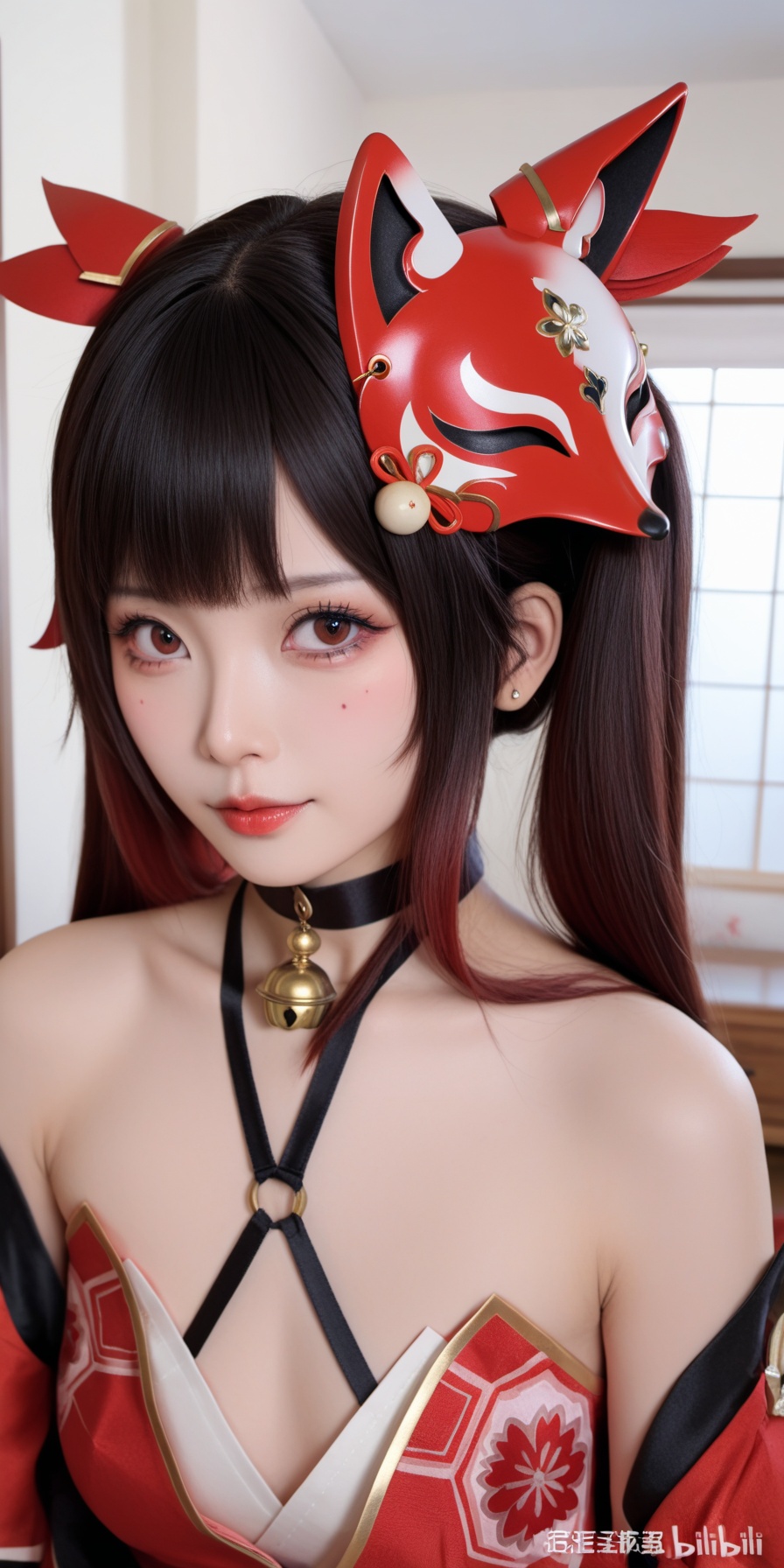 <lora:花火cos:0.85>,1girl,huahuo,red kimono,bare shoulders,hair ornament,fox mask,twintails,black gloves,detached sleeves,choker,bell,mask on head,indoors,bedroom,upper body,close-up,<lora:花火cosxl:0.85>,, (masterpiece,best quality,high quality:1.4),absurdres,