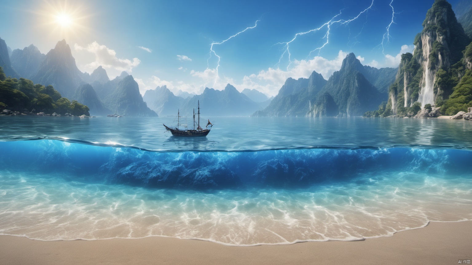  
(Jet hole blue flame and lightning 1.0),
(Adequate sunlight 1.0),
(Optical materials 1.0),
(Water in glass materials 1.0),
(beach 1.0),
(wonderland 1.9),

Overlooking,,(sea 1.0),,Representative,boutique, Ultra HD, 
, reflection, masterpiece, true light and shadow, wide Angle, outdoors, sky, day,
, blue sky, (no humans 99.9),nature, scenery, Water, beach, 
 (High Quality), Best Quality, (4K), 8K, Super Detail, (Full Detail), (Masterpiece), (Realistic), Super Detail, (Exquisite Detail), Intricate, Traditional Chinese Ink Painting,Mountain peaks, blue sky, flowing water,Wild goose, Scenery, SDXL, sea