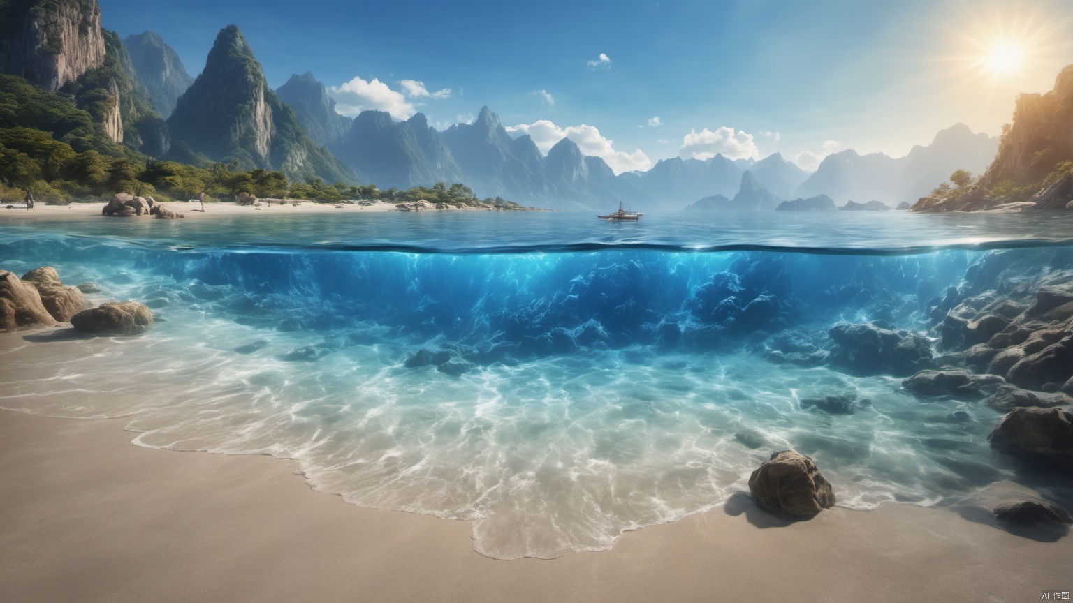  
(Jet hole blue flame and lightning 1.0),
(Adequate sunlight 1.0),
(Optical materials 1.0),
(Water in glass materials 1.0),
(beach 1.0),
(wonderland 1.9),

Overlooking,,(sea 1.0),,Representative,boutique, Ultra HD, 
, reflection, masterpiece, true light and shadow, wide Angle, outdoors, sky, day,
, blue sky, (no humans 99.9),nature, scenery, Water, beach, 
 (High Quality), Best Quality, (4K), 8K, Super Detail, (Full Detail), (Masterpiece), (Realistic), Super Detail, (Exquisite Detail), Intricate, Traditional Chinese Ink Painting,Mountain peaks, blue sky, flowing water,Wild goose, Scenery, SDXL, sea
