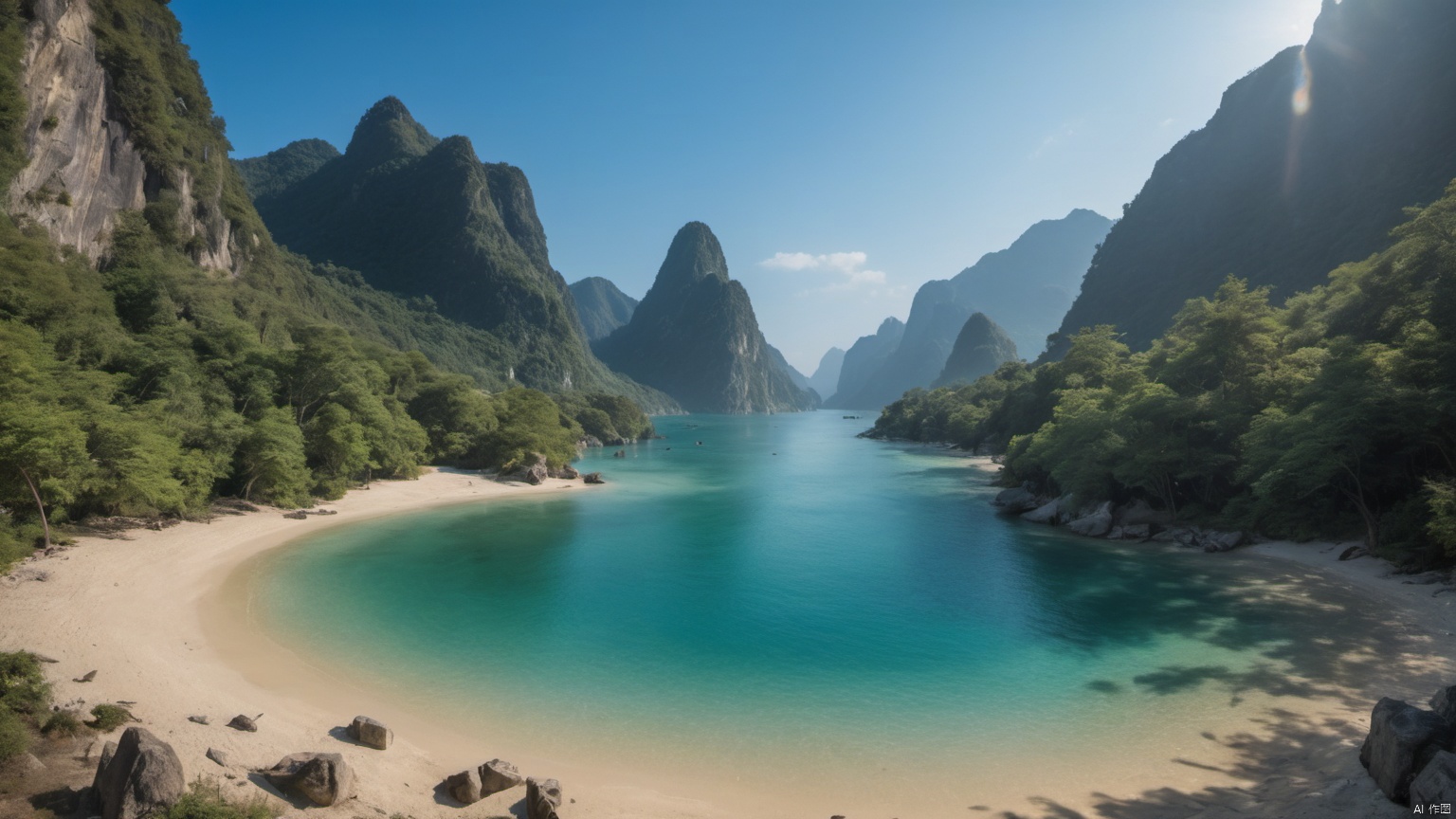  (Waterfall 1.9),

 (sea 1.0),
(Jet hole blue flame and lightning 1.0),
(Adequate sunlight 1.5),
(Optical materials 1.0),
(Water in glass materials 1.5),
(beach 1.0),
(wonderland 1.0),
Overlooking,,(sea 1.9),,Representative,boutique, Ultra HD, 
, reflection, masterpiece, true light and shadow, wide Angle, outdoors, sky, day,
, blue sky, (no humans 99.9),nature, scenery, Water, beach, 
 (High Quality), Best Quality, (4K), 8K, Super Detail, (Full Detail), (Masterpiece), (Realistic), Super Detail, (Exquisite Detail), Intricate, Traditional Chinese Ink Painting,Mountain peaks, blue sky, flowing water,Wild goose, Scenery, 1girl