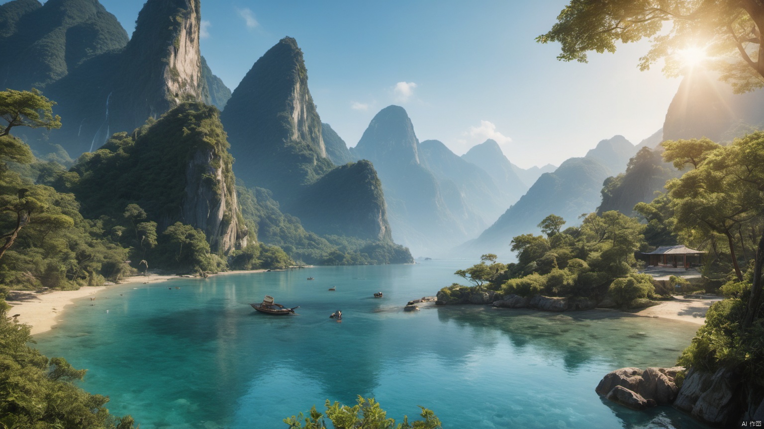  (Waterfall 1.9),

 (sea 1.0),
(Jet hole blue flame and lightning 1.0),
(Adequate sunlight 1.5),
(Optical materials 1.0),
(Water in glass materials 1.5),
(beach 1.0),
(wonderland 1.0),
Overlooking,,(sea 1.9),,Representative,boutique, Ultra HD, 
, reflection, masterpiece, true light and shadow, wide Angle, outdoors, sky, day,
, blue sky, (no humans 99.9),nature, scenery, Water, beach, 
 (High Quality), Best Quality, (4K), 8K, Super Detail, (Full Detail), (Masterpiece), (Realistic), Super Detail, (Exquisite Detail), Intricate, Traditional Chinese Ink Painting,Mountain peaks, blue sky, flowing water,Wild goose, Scenery, 1girl