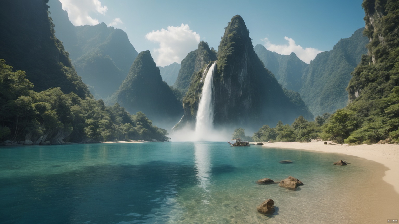  (Waterfall 1.9),

 (sea 1.0),
(Jet hole blue flame and lightning 1.0),
(Adequate sunlight 1.5),
(Optical materials 1.0),
(Water in glass materials 1.5),
(beach 1.0),
(wonderland 1.0),
Overlooking,,(sea 1.9),,Representative,boutique, Ultra HD, 
, reflection, masterpiece, true light and shadow, wide Angle, outdoors, sky, day,
, blue sky, (no humans 99.9),nature, scenery, Water, beach, 
 (High Quality), Best Quality, (4K), 8K, Super Detail, (Full Detail), (Masterpiece), (Realistic), Super Detail, (Exquisite Detail), Intricate, Traditional Chinese Ink Painting,Mountain peaks, blue sky, flowing water,Wild goose, Scenery, 1girl
