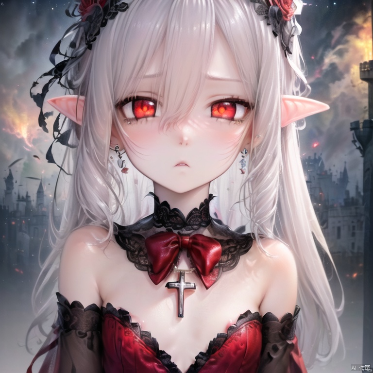 安娜Gothic, night, snow,((castle,delicate face,small breasts)), game_cg, little girl, loli, kawaii, loli, solo,kawaii,face close-up,young girl, silver hair, red pupils, loli,medium hair,(red eyes),delicate face close-up,(oil painting \(medium\):1.2),,light blush,small breasts,cute face, white colored eyelashes,Lace neckband,((Gothic style red dress, bowtie, flower ribbon, red cape)),((Castle ruins surrounded by flames 🔥,delicate face,😶))((loli,kawaii,young girl,Red dress ,small breasts,small breasts,castle)),(oil painting \(medium\):1.2),Front,silver hair, hair down, straight hair, hair strand, (extremely detailed CG unity 8k wallpaper),(((extremely detailed face and eyes,extremely beautiful and delicate face and eyes,wallpaper, extremely detailed face and eyes,fluttered detailed surroundings,extremely detailed CG unity 8k wallpaper,amazing,highly detailed,)),(oil painting \(medium\):1.5),(medium breasts,medium hairs),((delicate face,red eyes,kawaii))((an extremely delicate and beautiful)),elf,lace neckband, Gothic style red dress, cross necklace,hair over eyes, black hairband,((delicate face,kawaii,))pale skin, pointed ears, small breasts, ruby earrings, moonlight, darkness, roses, loneliness, indifferent expression,masterpiece, best quality, official art,extremely detailed CG unity 8k wallpaper,(extremely detailed CG unity 8k wallpaper),(((extremely detailed face and eyes,extremely beautiful and delicate face and eyes,wallpaper, extremely detailed face and eyes,fluttered detailed surroundings,extremely detailed CG unity 8k wallpaper,amazing,highly detailed,face close-up)), (best illustration),(medium hairs),(extremely detailed CG unity 8k wallpaper),(((extremely detailed face and eyes,extremely beautiful and delicate face and eyes,wallpaper, extremely detailed face and eyes,fluttered detailed surroundings,extremely detailed CG unity 8k wallpaper,amazing,highly detailed,)),(delicate face,small breasts)(best illustration),(best shadowdelicate face), ((an extremely delicate and beautiful,loli,kawaii,castle,delicate face,kawaii)),((an extremely delicate and beautiful)),red eyes, expressionless eyes, sleepy, white long hair, Gothic headwear, red lace, pale skin<lora:EMS-302518-EMS:0.400000>, <lora:EMS-309992-EMS:0.400000>, <lora:EMS-302507-EMS:0.400000>