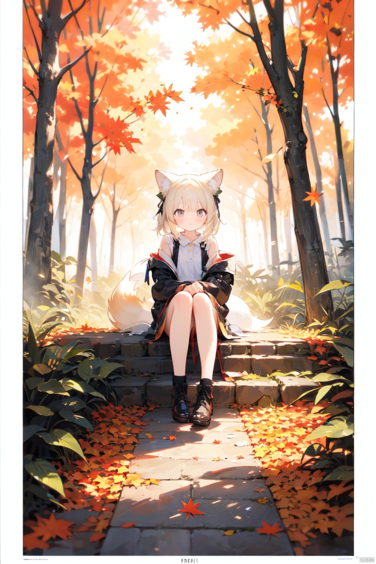 1girl, solo, looking at viewer, sitting, fox ears, full body, strappy heels,plaid shirt, short sleeves,jacket, bow, bangs, low ponytail, blonde hair fox tail, fox girl, kitsune, ((autumn, outdoors, day, forest, falling leaves, bird, leaf)), (fog, dyntall effect), (wide shot, panorama, full body, depth of field),(movie poster,english text),(Flagstone road,branches)