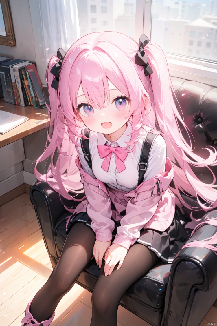 1girl, solo, long hair, breasts, looking at viewer, blush, open mouth, bangs, skirt, shirt, long sleeves, bow, ribbon, hair between eyes, medium breasts, sitting, very long hair, pink hair, hair bow, pantyhose, boots, teeth, puffy sleeves, indoors, hand up, black pantyhose, black bow, feet out of frame, one side up, upper teeth only, chair, white skirt, pink shirt, pink jacket, on chair, armchair,from above,ruins,close