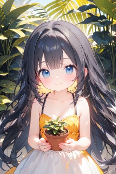  1girl, solo, dress, long hair, blue eyes, breasts, cleavage, black hair, own hands together, smile, closed mouth, bangs, medium breasts, sleeveless dress, sleeveless, very long hair, looking at viewer, bare shoulders, v arms, standing, orange dress, collarbone, signature, yellow dress, bare arms, plant, leaf
