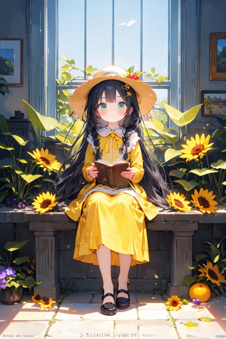 1girl, bird, flower, long hair, grapes, black hair, sitting, solo, green eyes, pillar, fruit, book, hair ornament, food, hat, plant, dress, jewelry, long sleeves, green dress, vase, braid, railing, column, very long hair, book stack, watermark, beads, full body, sunflower, yellow dress, tassel, leaf