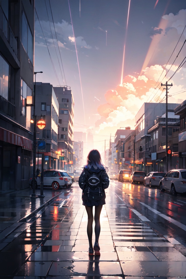 masterpiece,best quality,(ray tracing, cinematic lighting),ex-light,(central composition, Centered Composition and Symmetry:0.6),(back to camera:1.3),backlight,1girl,((solo)),black long hair,messy hair,jacket,pantyhose,rainy day,Cumulonimbus Cloud,(put hands in pockets),(outdoors, rain, sky, deserted streets, watered-down pavements, crossroad, fork in the road),tall buildings,bell towers,glass,reflections,streetlights,sunset,Tyndall Effect,