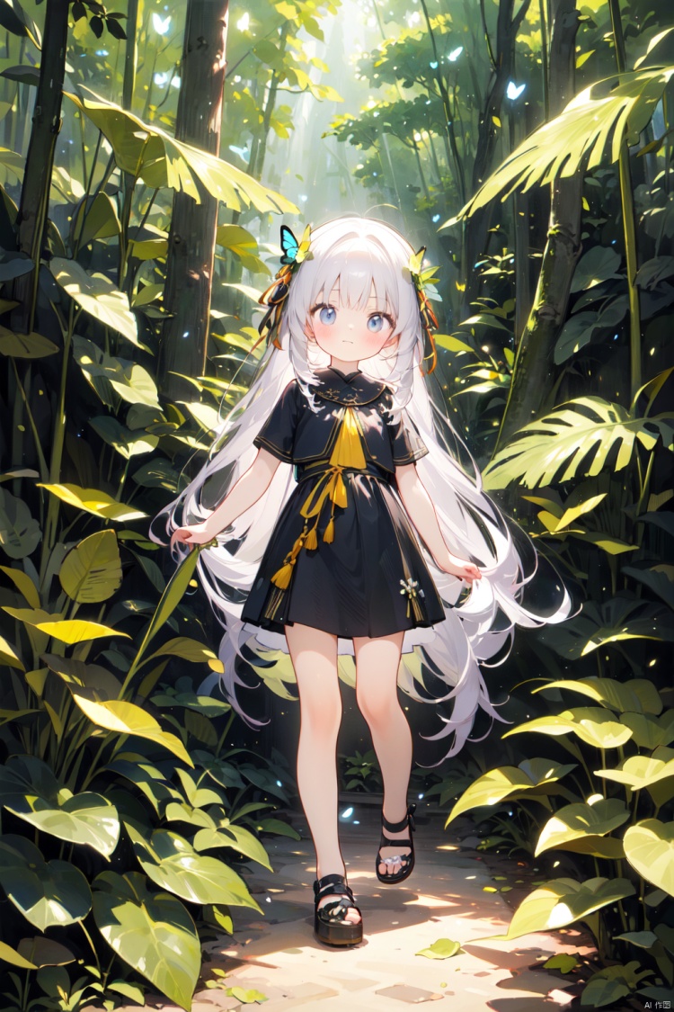 1 girl, surrounded by big leaf plants, wearing flower accessories, (Old-growth forest), (long hair) puberty, young girl, bright outline,Butterfly Dance,surrealistic,tuyawang, senlin