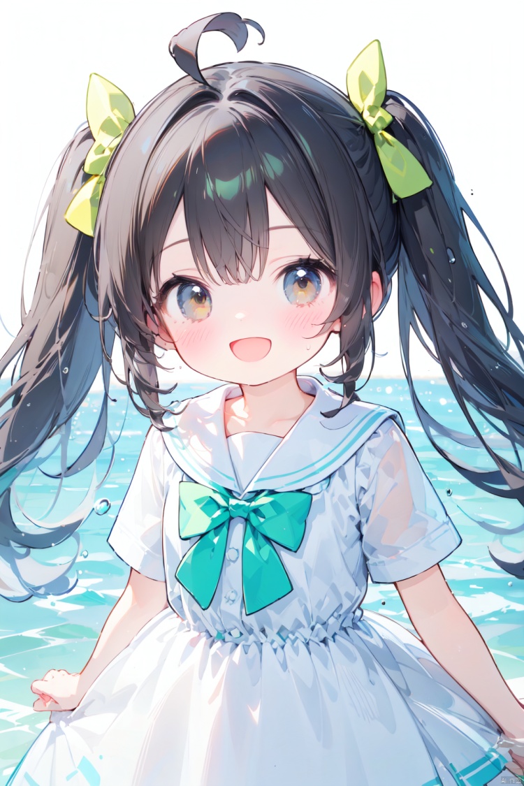 1girl, :d, ahoge, air_bubble, black_hair, blush, bow, brown_eyes, bubble, dress, green_bow, green_bowtie, long_hair, looking_at_viewer, open_mouth, puffy_short_sleeves, puffy_sleeves, sailor_collar, short_sleeves, simple_background, smile, solo, twintails, water, water_drop, white_background, white_dress