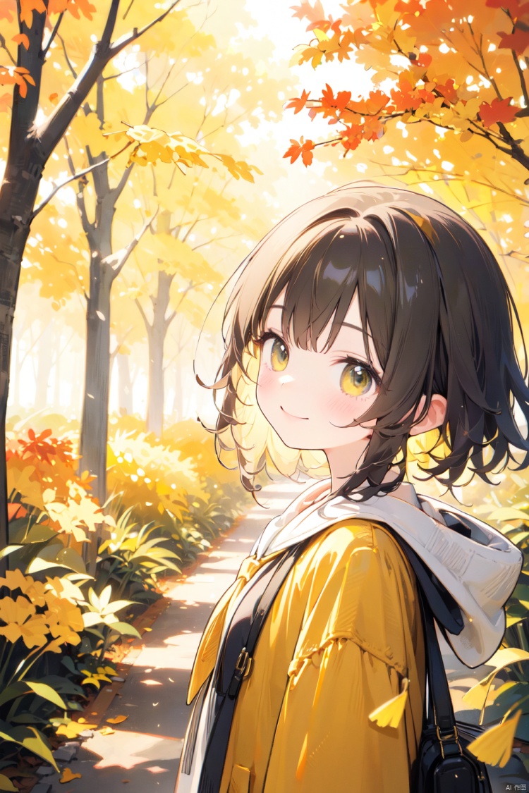 bpstyle,1girl,solo,outdoor,autumn leaves,forest,(ginkgo leaf), shot hair,smile,yellow clothes, bpstyle,tuyagirl