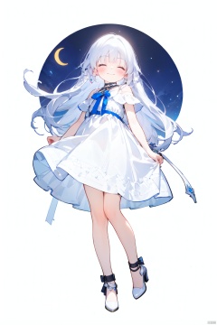 1girl, artist_name, closed_eyes, crescent, crescent_facial_mark, dress, earrings, facial_mark, full_body, high_heels, jewelry, long_hair, smile, solo, white_background, white_dress, white_footwear, white_hair, white_theme