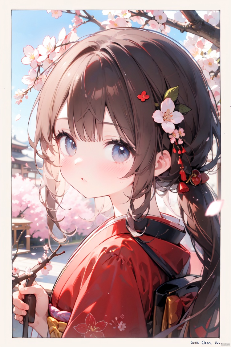 1girl, artist_name, bangs, blunt_bangs, border, branch, brown_hair, cherry_blossoms, flower, from_side, hair_flower, hair_ornament, japanese_clothes, kimono, long_hair, looking_at_viewer, looking_to_the_side, parted_lips, petals, red_kimono, solo, upper_body, white_border