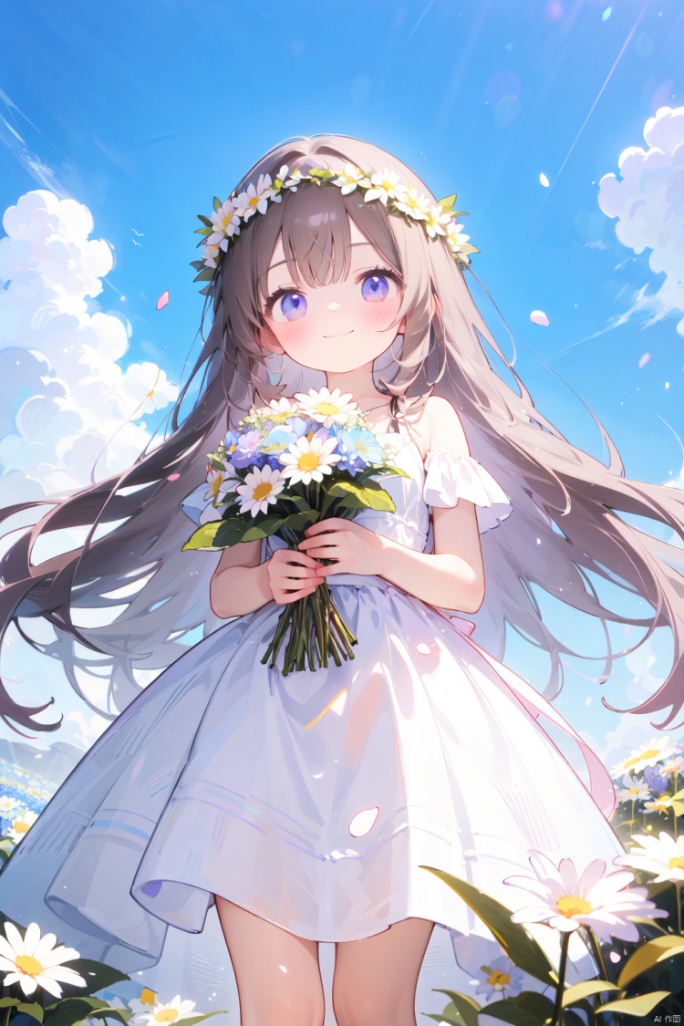 1girl, blue_flower, blue_sky, bouquet, breasts, brown_hair, closed_mouth, cloud, daisy, day, dress, field, flower, flower_field, grass, head_wreath, holding_bouquet, holding_flower, hydrangea, laurel_crown, lily_\(flower\), long_hair, looking_at_viewer, outdoors, petals, pink_flower, plant, purple_eyes, purple_flower, rose, sky, smile, solo, standing, sword, very_long_hair, white_dress, white_flower, white_rose, wreath