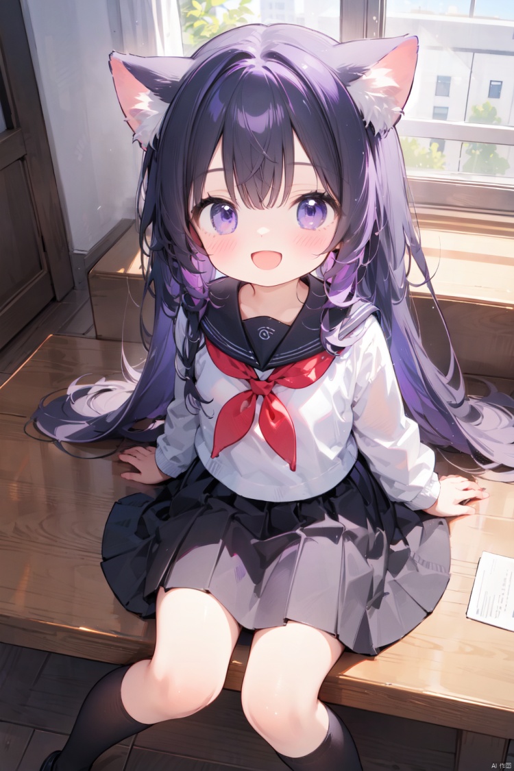 1girl, animal ears, solo, tail, school uniform, cat ears, long hair, black hair, purple eyes, cat tail, serafuku, open mouth, smile, skirt, sitting, socks, kneehighs, looking at viewer, :d, pleated skirt, from above, black serafuku, looking up, black socks, black skirt, long sleeves, blush