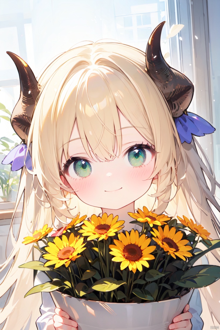 1girl, bangs, blonde_hair, closed_mouth, flower, green_eyes, hair_between_eyes, horns, long_hair, looking_at_viewer, smile, solo