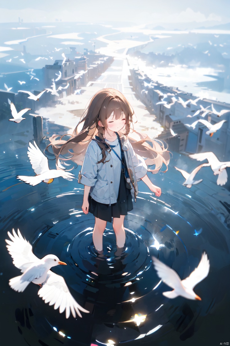 1girl, brown hair, long hair, closed eyes, (above ground), (water surface, reflection, surrounded by white birds), ((from above)), blurry, (full body, wide shot, panorama), (grey background), (shining, fog)