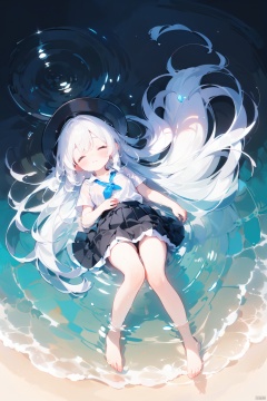best illustration,(colorful),(from above:1.4),((close up)),(1girl:1.2),(lying_on_water:1.2),(floating on water),full body,(beautiful and delicate face),(beautiful long white hair),(very long white hair),closed eyes,small breasts,(black pleated skirt:1.25), (facing up), water background,(reflective water surface),(flouds in water :1.4),(clouds in water),water with feathers, masterpiece, 1girl,((white hair)),(collared shirt),(white stocking),solo,collarbone,slim legs,(hand on own chest), (water background:1.2),