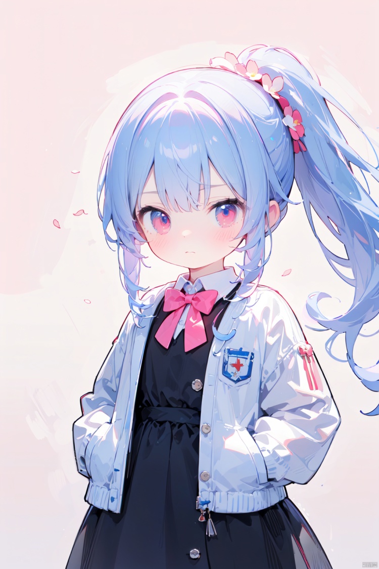 (best quality), ((masterpiece)), (highres),standing,original, extremely detailed wallpaper, (an extremely delicate and beautiful),pink eyes,,(loli),(petite),blue hair,(white Jacket),high ponytail,white collared shirt,hair flower,fipped hair,floating hair,Frown,hands in pockets,black dress,red bowtie,(solo),