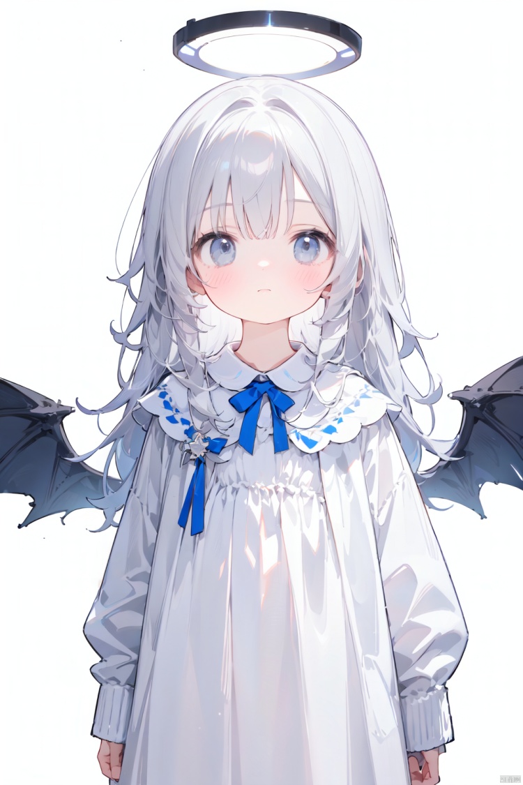 1girl, solo, halo, white background, dress, simple background, grey eyes, long hair, grey hair, long sleeves, sleeves past wrists, white dress, wings