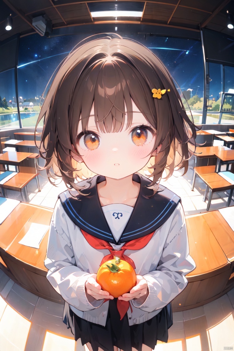 solo, 1girl, sleeves past wrists,sleeves past fingers,bangs, hair ornament, serafuku, white background, short hair, parted lips,long sleeves, muted color, neckerchief, brown hair, sailor collar,blunt bangs, cowboy shot, orange eyes, black sailor collar, looking at viewer,,(lake:1.2),(starry sky:1.2),from above,fisheye