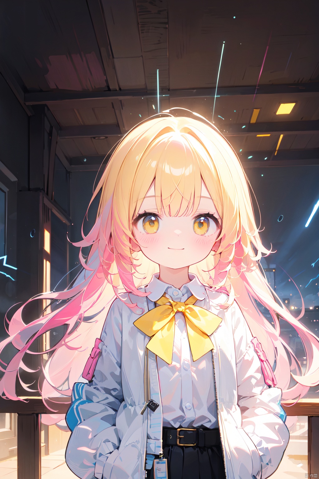 (masterpiece, best quality),1girl,solo,cuty face,Beautiful detailed eye,upper body,ray tracing,Reflected light,(very detailed light),(Beautiful Lighting),(best quality), ((masterpiece)), (highres),(loli),(petite:1.4),(white open jacket:1.4),rain,shiny clothes,white collared shirt,hair flower,fipped hair,floating hair,(blonde electricity:1.4),light smile,hands in pockets,white dress,yellow bowtie,(Yellow eyes:1.2),(Pink hair:1.2),(solo),hair flowing over, messy hair, aura,long hair, lamppost,white belt,
