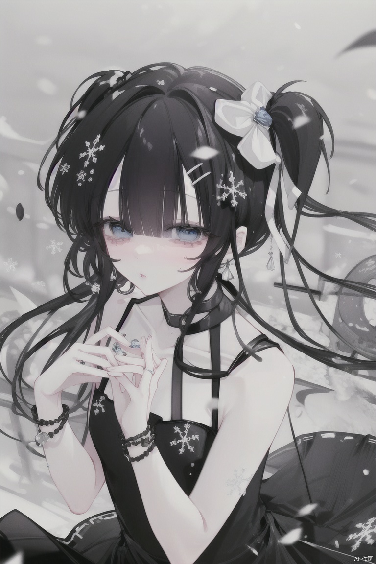 1girl, solo, looking_at_viewer, blush, bangs, blue_eyes, black_hair, hair_ornament, dress, ribbon, bare_shoulders, collarbone, hair_ribbon, purple_hair, flower, parted_lips, sleeveless, hairclip, blurry, black_dress, hands_up, bare_arms, petals, sleeveless_dress, depth_of_field, blurry_background, blue_dress, white_ribbon, snowflakes
