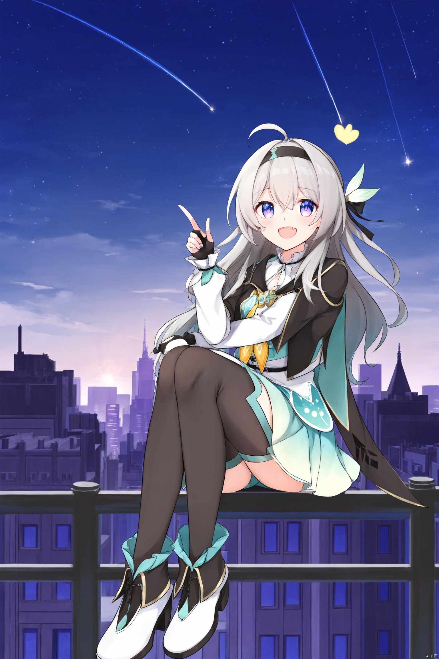  score_9,score_8_up,score_7_up,best quality,masterpiece,source_anime,\\\\\\\\\\\\nai3, 1girl, solo, ahoge, virtual youtuber, , flower, looking at viewer, sitting, open mouth, smile,bangs,between legs, :d, hand between legs, purple background, fang, feet out of frame,haoche\\\\\\\\\\\\\\The girl on the top of the building, the starry sky, the meteor crossed, the city skyline behind her was extremely beautiful, the breeze was blowing, the girl's heart was confused, her face was red, and she stroked her hair\\\\\\\\\\\\\Top view, panorama, fisheye lens,\\\\\\\\\\\\\\liuying,def clothe,1girl,black thighhighs,blue eyes,hairband,long hair,black hairband,fingerless gloves, skirt