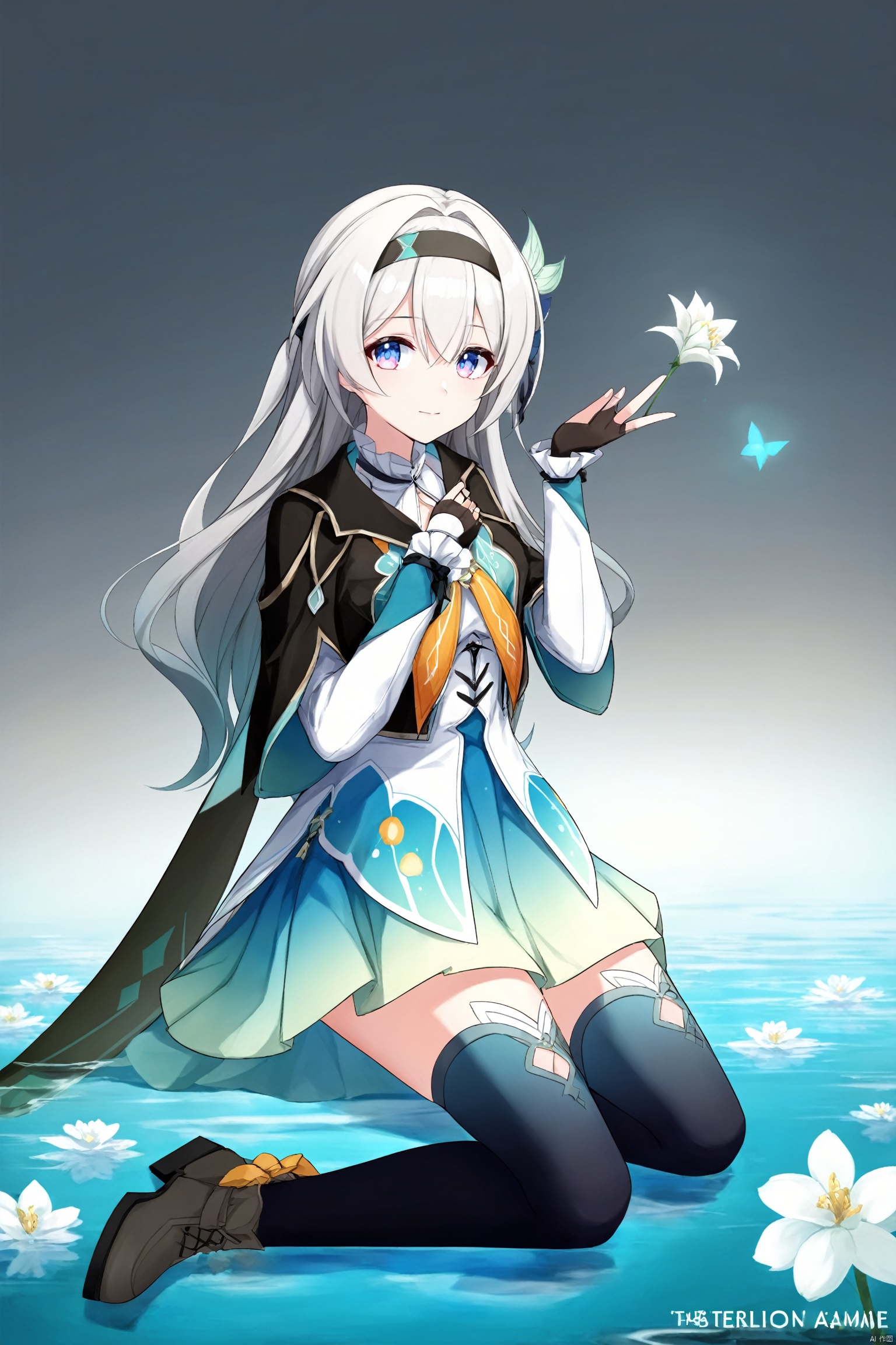 score_9,score_8_up,score_7_up,best quality,masterpiece,source_anime,\\\\\\\\\\\\nai3, \\\\\\\\\
1girl, solo, flower, lantern, water, ripples, bangs, white_flower, looking_at_viewer, full_body, copyright_name, reflection, lying,gradient background,incredibly_absurdres,depth of field,Tenebrism,,
\\\\\\\\\\\,
liuying,def clothe,1girl,black thighhighs,blue eyes,hairband,long hair,black hairband,fingerless gloves, skirt