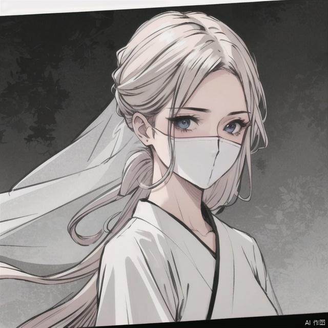 solo, highly detailed, cinematic highlight hair, (best quality), ((masterpiece)),1girl, silver hair,simple_background, (white veil), long hair, blue eyes, portrait,ning,hanfu, ning,see-through
