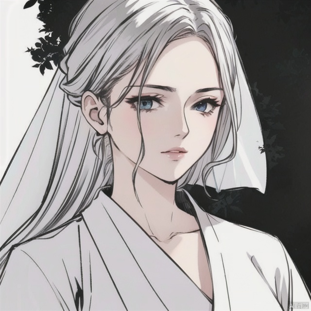 solo, highly detailed, cinematic highlight hair, (best quality), ((masterpiece)),1girl, silver hair,simple_background, (white veil), long hair, blue eyes, portrait,ning,hanfu, ning,see-through
