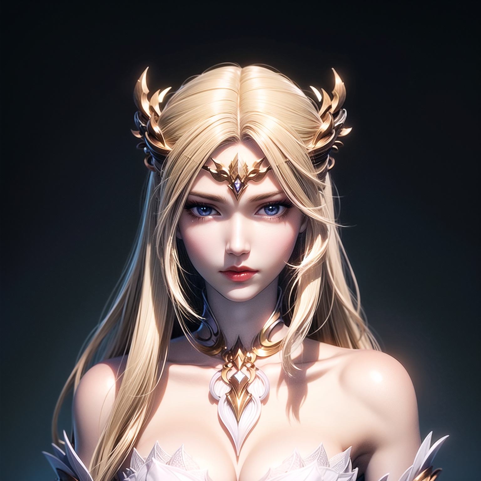 masterpiece,best quality,illustration,anime,simple gray background,1girl,blonde hair,blue eyes,solo,hair ornament,long hair,bare shoulders,looking at viewer,upper body,dress,white dress,lips,<lora:add_detail:1>,<lora:tanghao_20240311180436:0.7>,