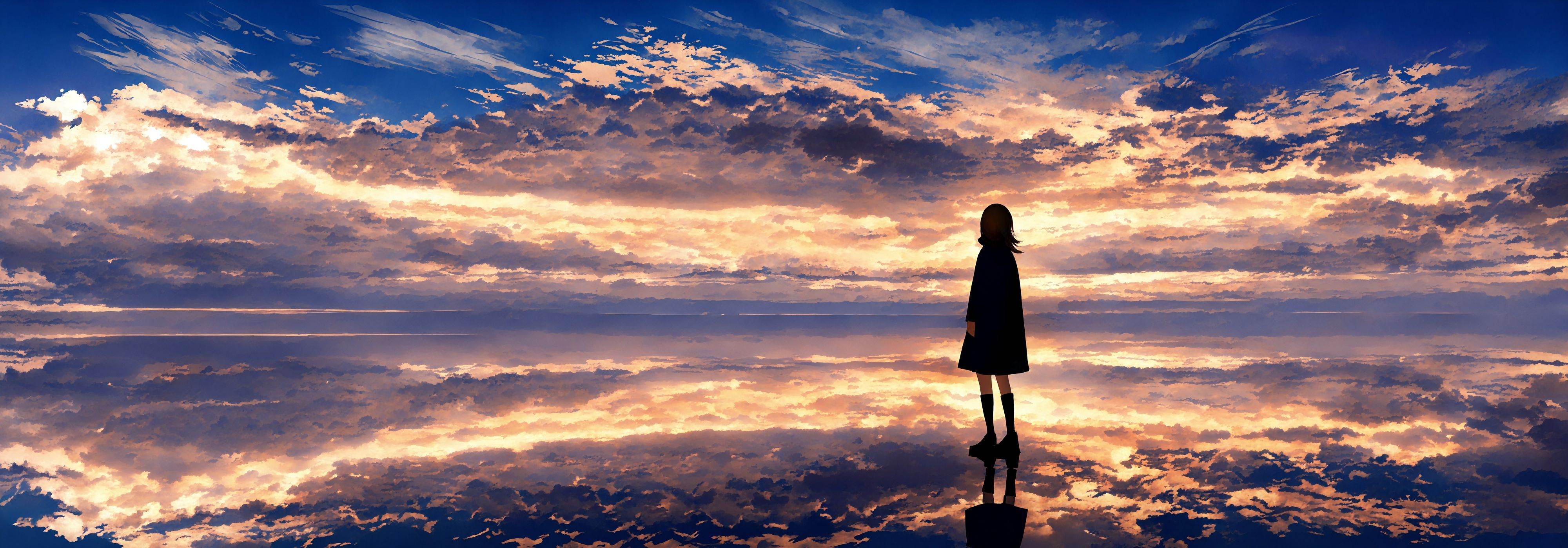 ((1girl)),solo,cloud, sky, scenery, solo, cloudy sky, silhouette, reflection