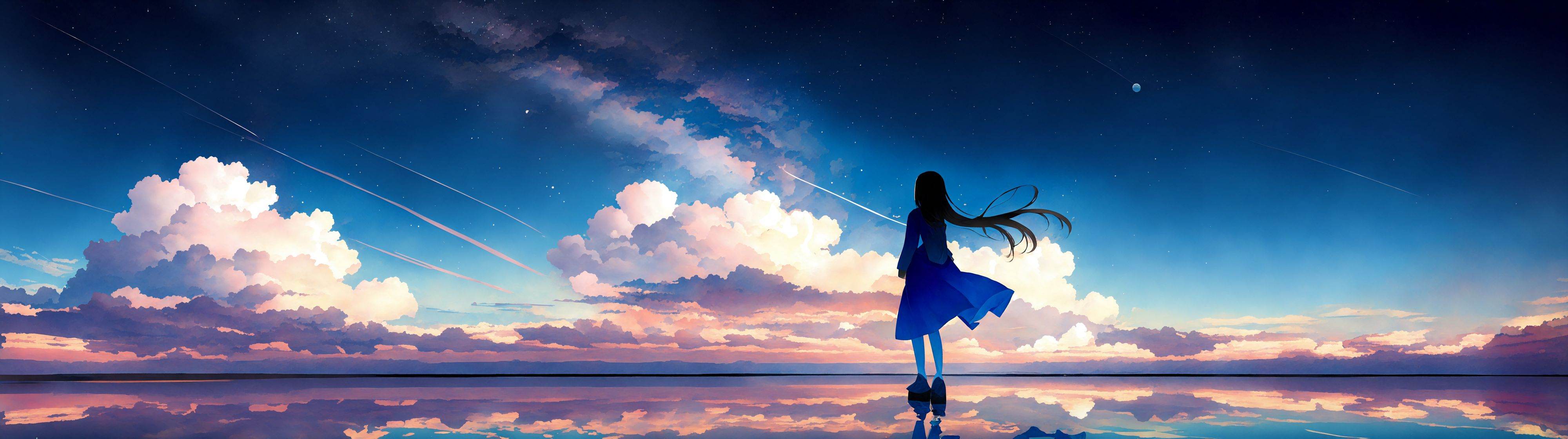 ((1girl)),solo,stocking,long hair,cloud, sky, scenery, cloudy sky, silhouette, reflection,starry sky, 