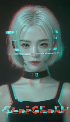 <lora:xl-shanbailing-1213Glitch_effect:0.9>,bailing_glitch_effect,1girl,white hair,red clothes,the letters of the hologram "SHAN" logo appear below the picture,the word (SHAN) is shown on a black background,a woman with a futuristic look in the dark,solo,smile,short hair,blonde hair,simple background,closed mouth,upper body,parted lips,teeth,signature,armor,black eyes,from side,english text,lips,looking to the side,bodysuit,profile,mask,shadow,glowing,looking away,expressionless,looking down,half-closed eyes,black background,backlighting,reflection,science fiction,realistic,nose,mouth mask,chromatic aberration,light,dark,cable,cyborg,hair slicked back,dark background,neon trim,gas mask,mechanical parts,cyberpunk,glowing_eye,special effects,